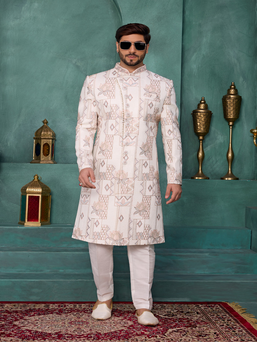 Pink Art silk Embroidered Computer Thread work Wedding Party Festival Groom Sherwani
