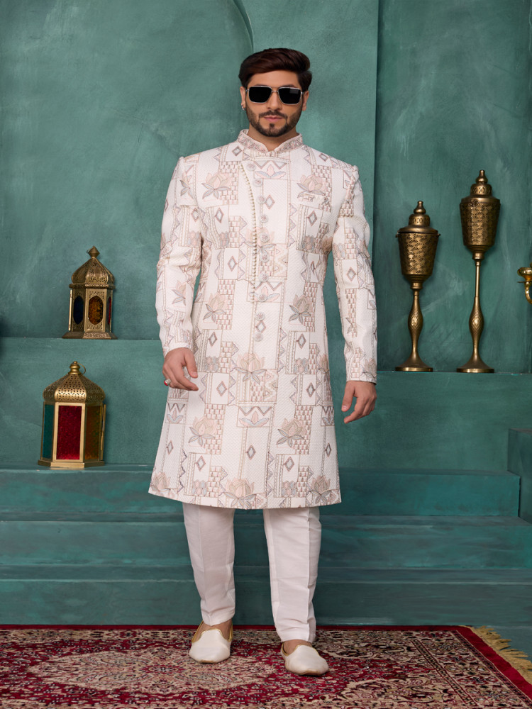 Image of Pink Art silk Embroidered Computer Thread work Wedding Party Festival Groom Sherwani