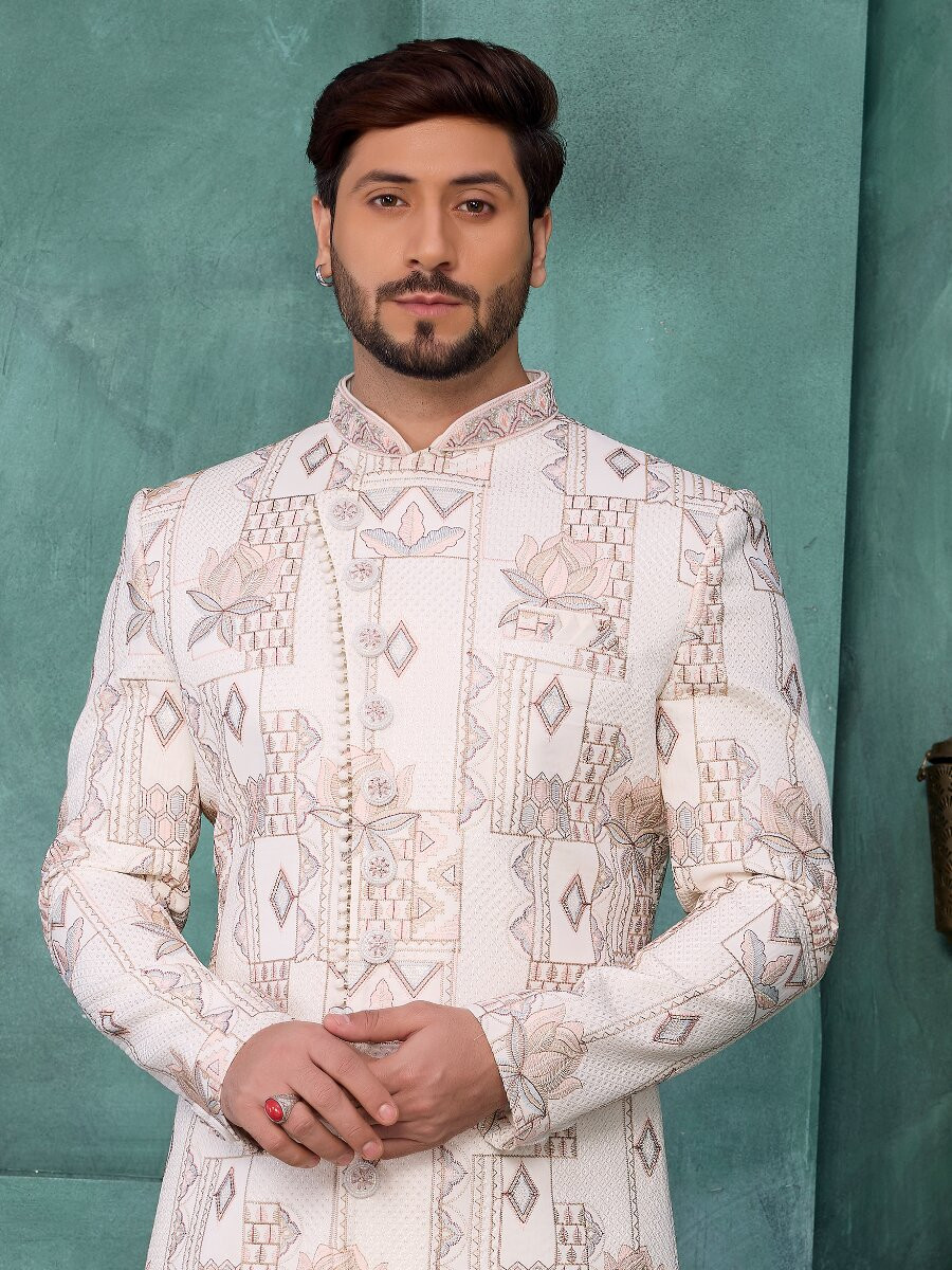 Pink Art silk Embroidered Computer Thread work Wedding Party Festival Groom Sherwani