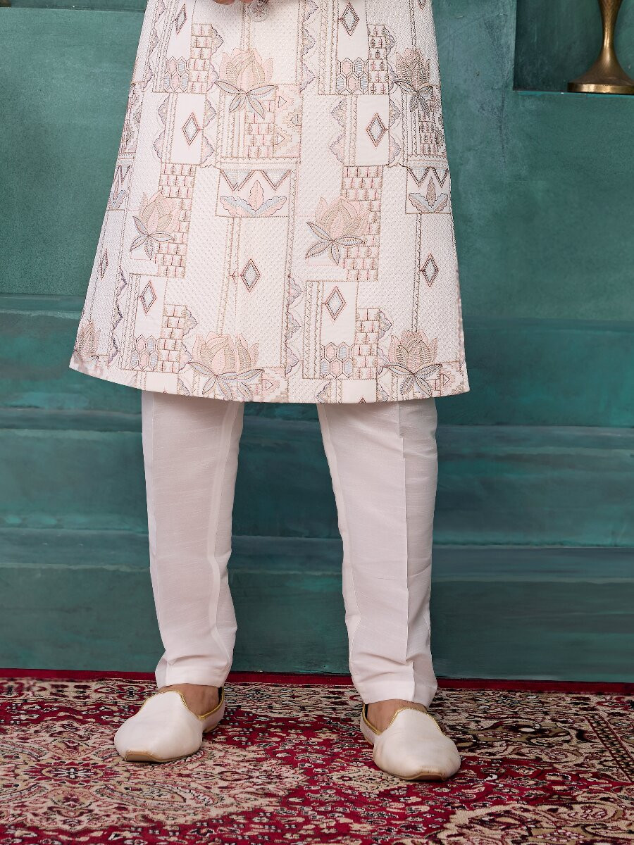 Pink Art silk Embroidered Computer Thread work Wedding Party Festival Groom Sherwani