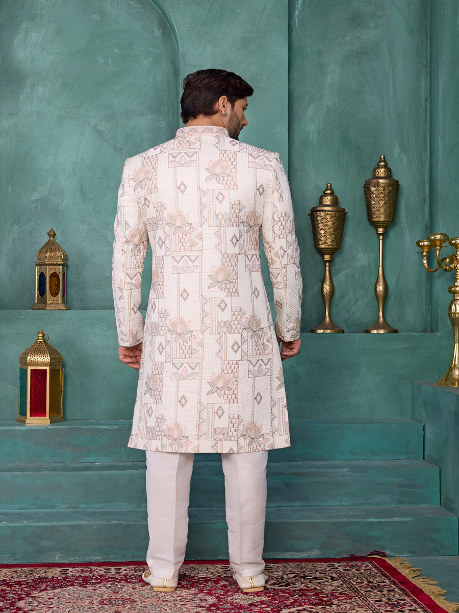 Pink Art silk Embroidered Computer Thread work Wedding Party Festival Groom Sherwani