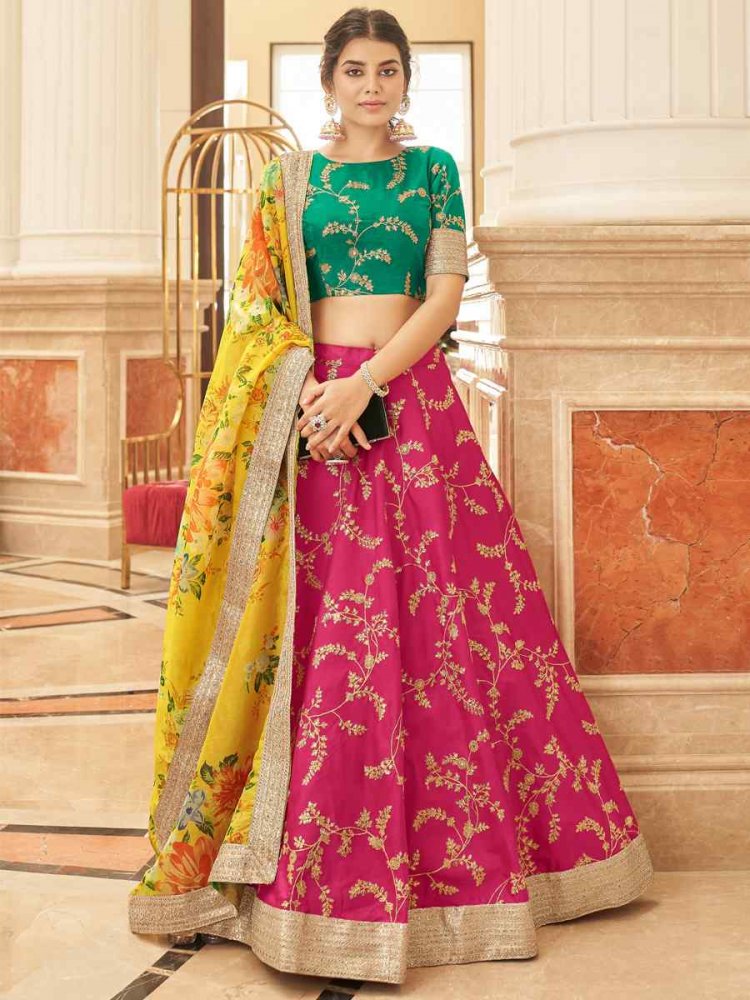 Pink Art Silk Embroidered Engagement Wedding Heavy Border Lehenga Choli