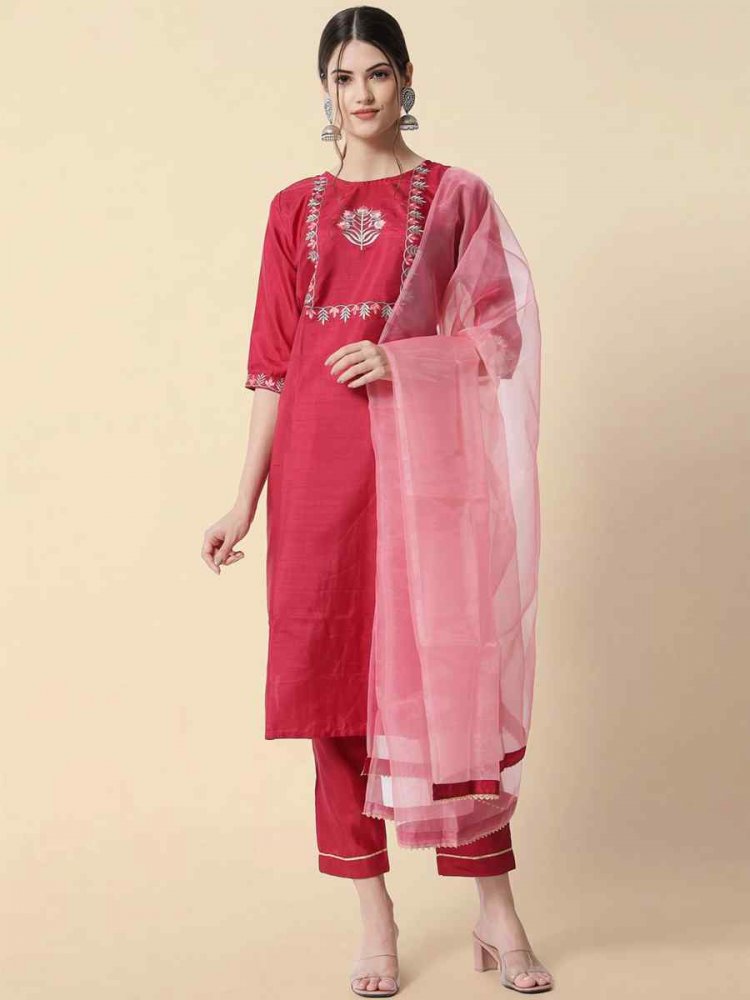 Pink Art Silk Embroidered Festival Casual Ready Pant Salwar Kameez