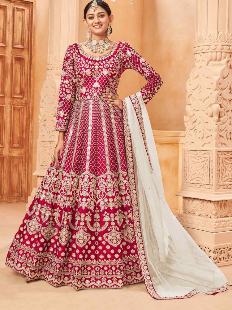 Pink Art Silk Embroidered Festival Wedding Anarkali Salwar Kameez