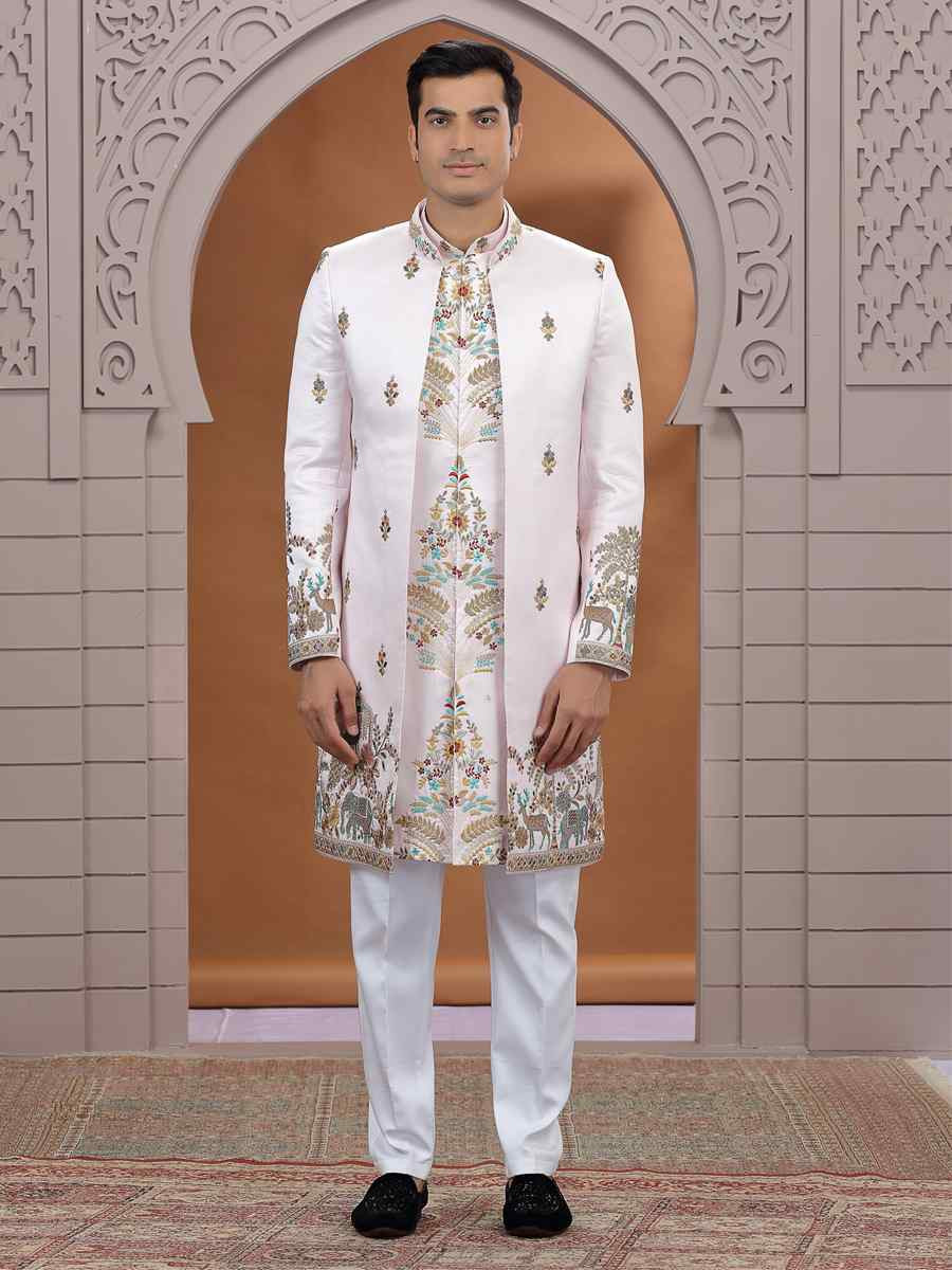 Pink Art Silk Embroidered Festival Wedding Mens 3 PCS Indo Western Set