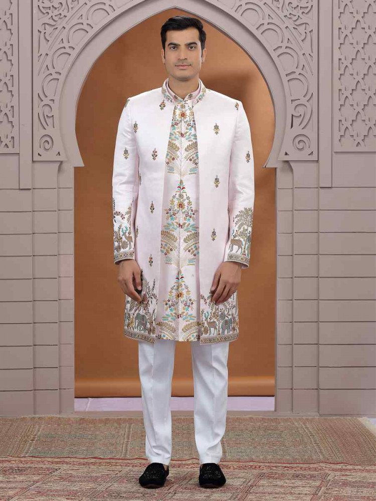 Image of Pink Art Silk Embroidered Festival Wedding Mens 3 PCS Indo Western Set