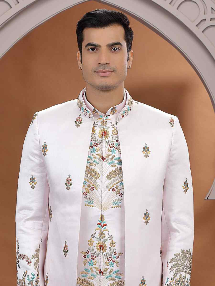 Pink Art Silk Embroidered Festival Wedding Mens 3 PCS Indo Western Set