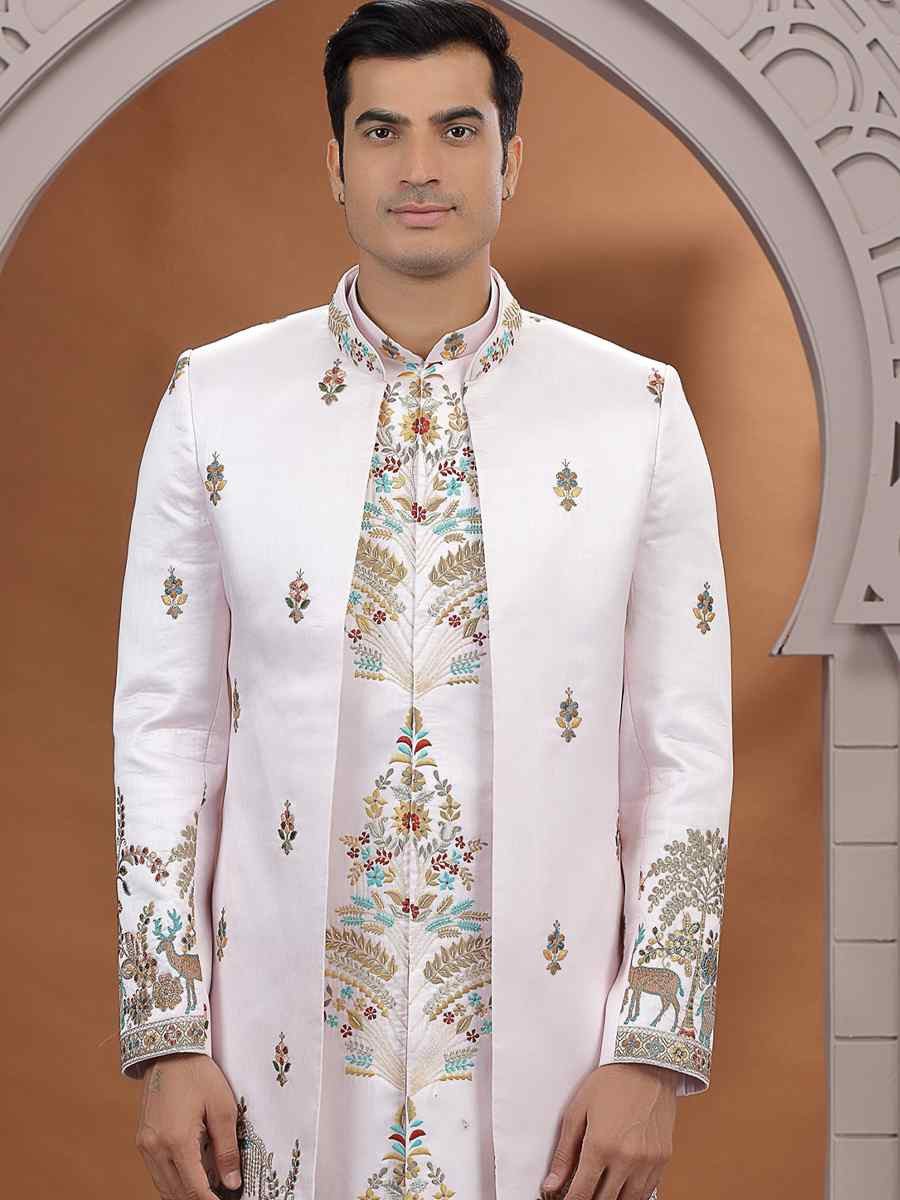 Pink Art Silk Embroidered Festival Wedding Mens 3 PCS Indo Western Set