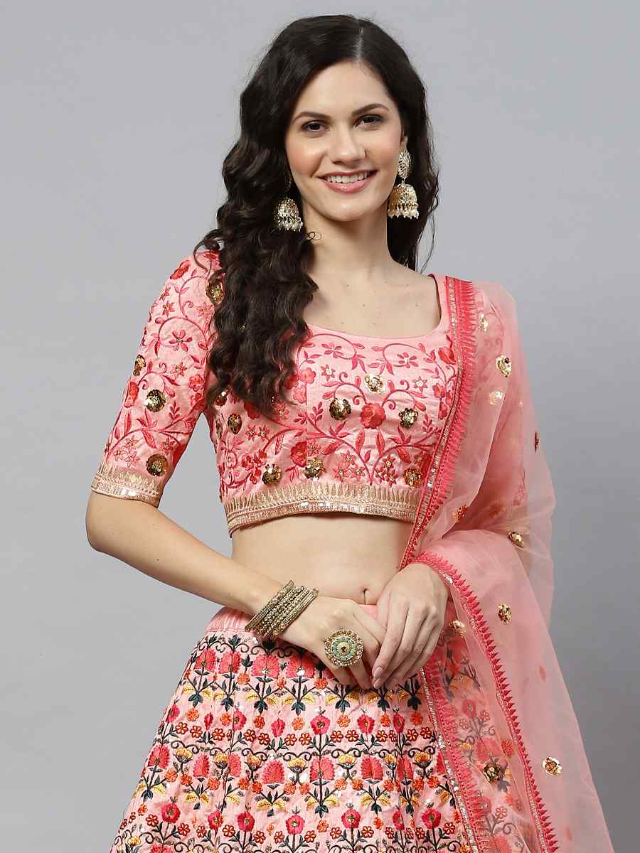 Pink Art Silk Embroidered Party Wear Wedding Heavy Border Lehenga Choli