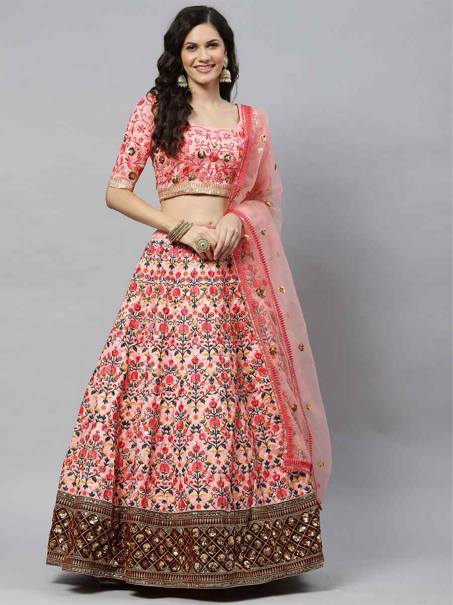 Pink Art Silk Embroidered Party Wear Wedding Heavy Border Lehenga Choli