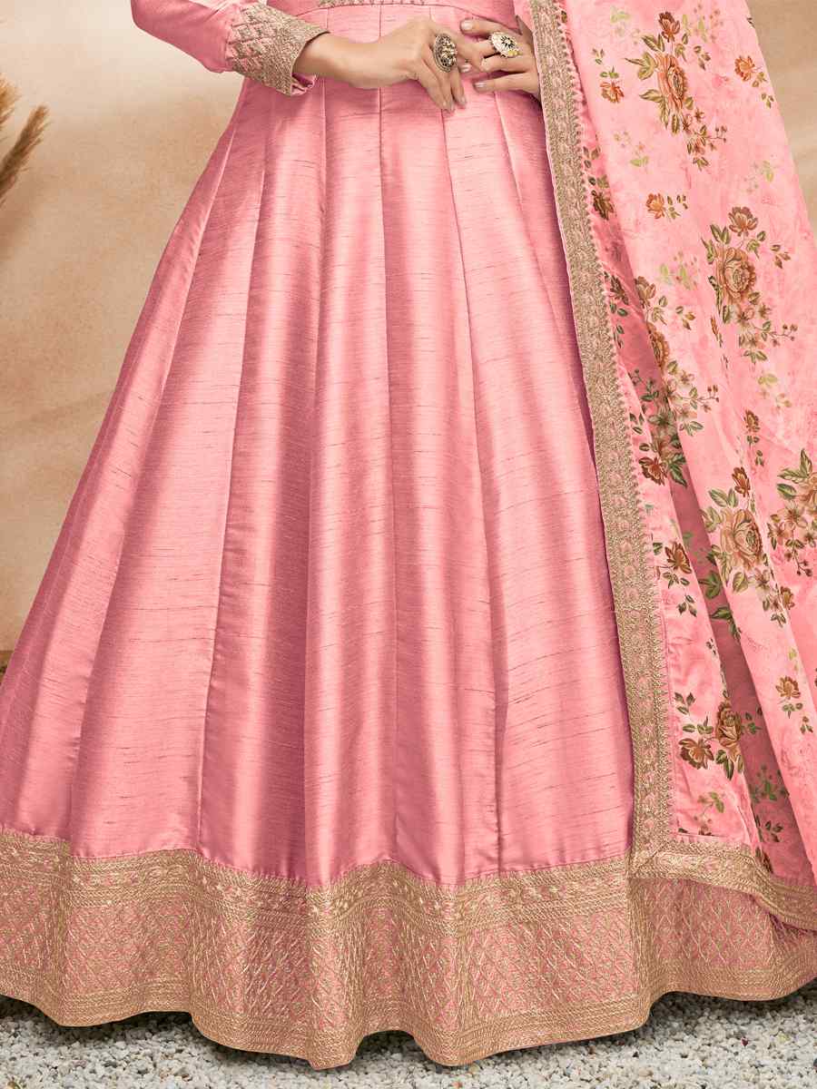 Pink Art Silk Embroidered Wedding Festival Anarkali Salwar Kameez