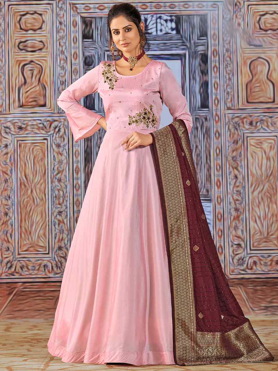 Pink Art Silk Embroidered Wedding Festival Anarkali Salwar Kameez