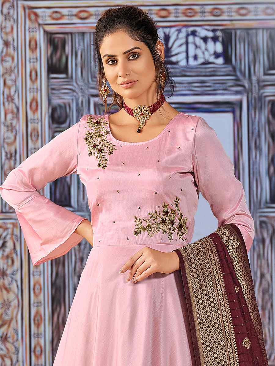 Pink Art Silk Embroidered Wedding Festival Anarkali Salwar Kameez