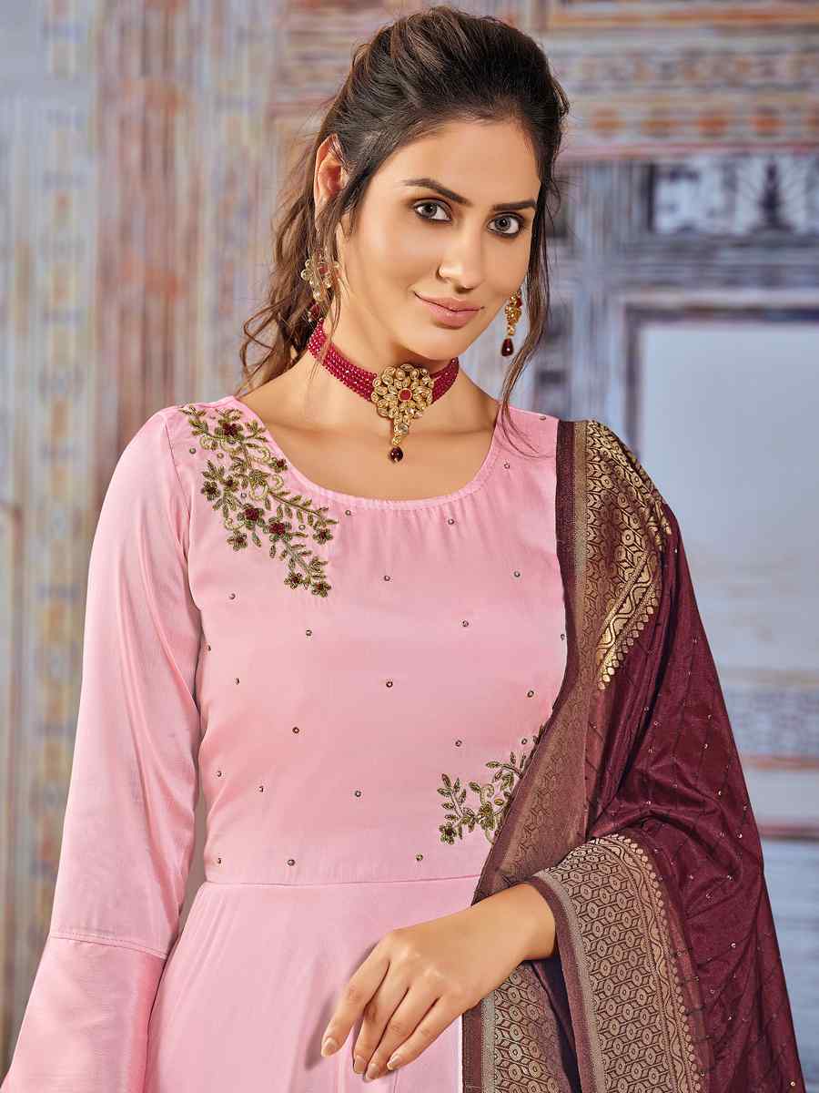 Pink Art Silk Embroidered Wedding Festival Anarkali Salwar Kameez