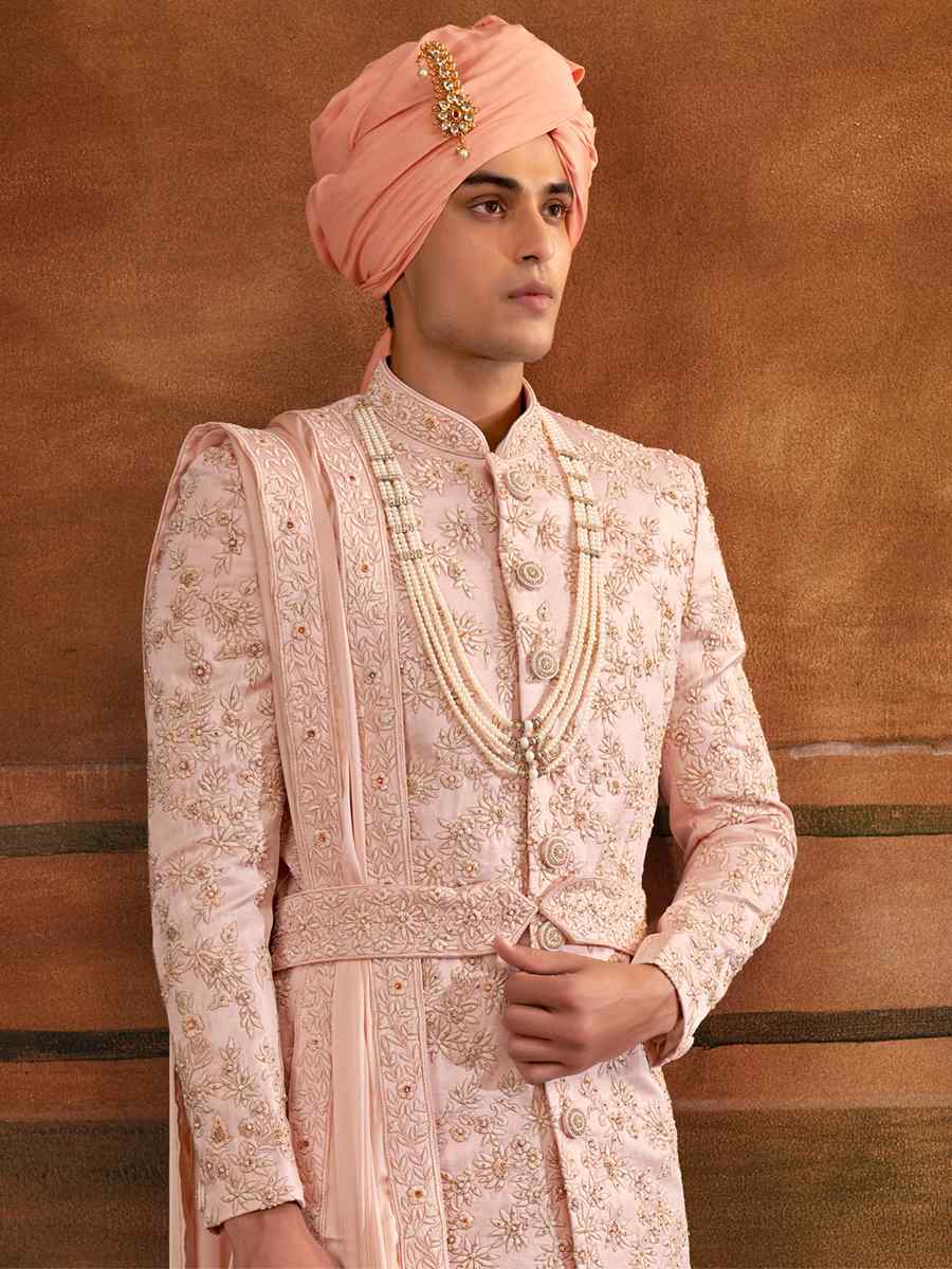 Pink Art Silk Embroidered Wedding Groom Sherwani