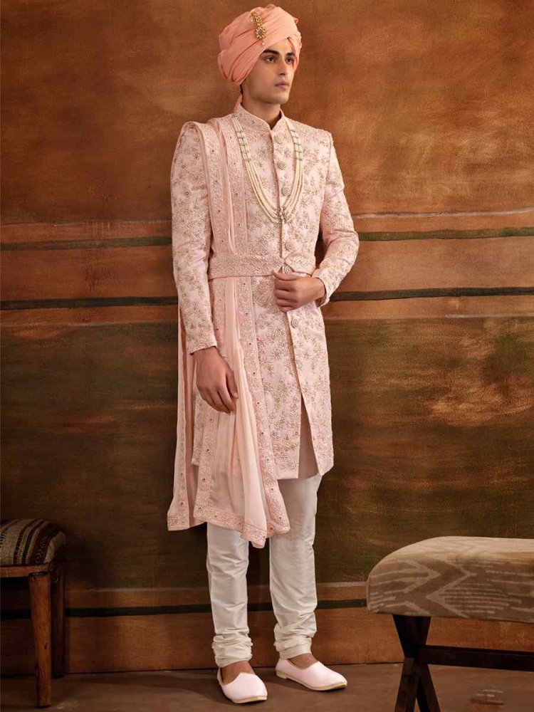 Pink Art Silk Embroidered Wedding Groom Sherwani