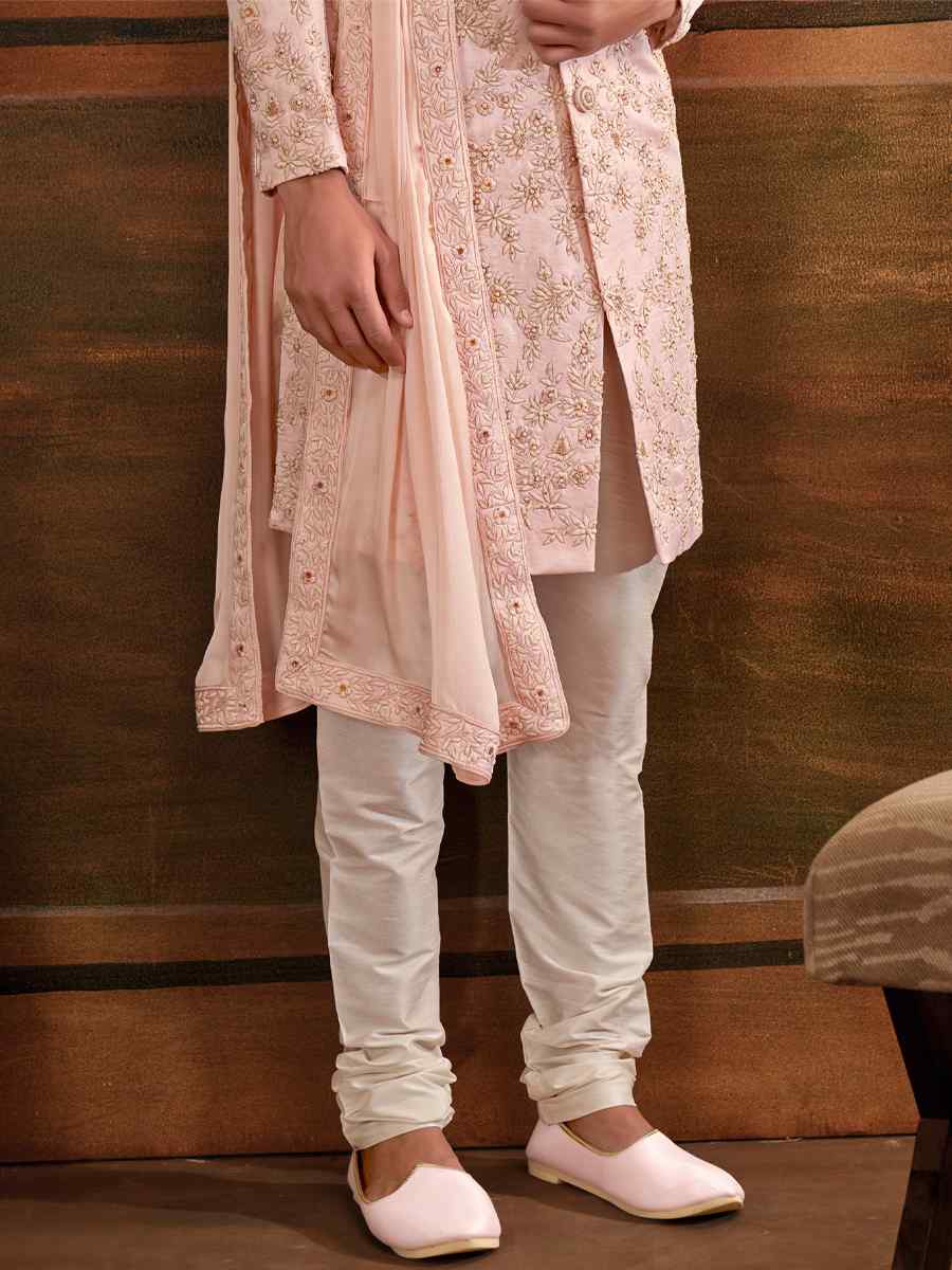 Pink Art Silk Embroidered Wedding Groom Sherwani