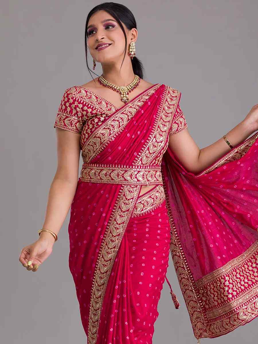 Pink Art Silk Embroidered Wedding Party Heavy Border Saree