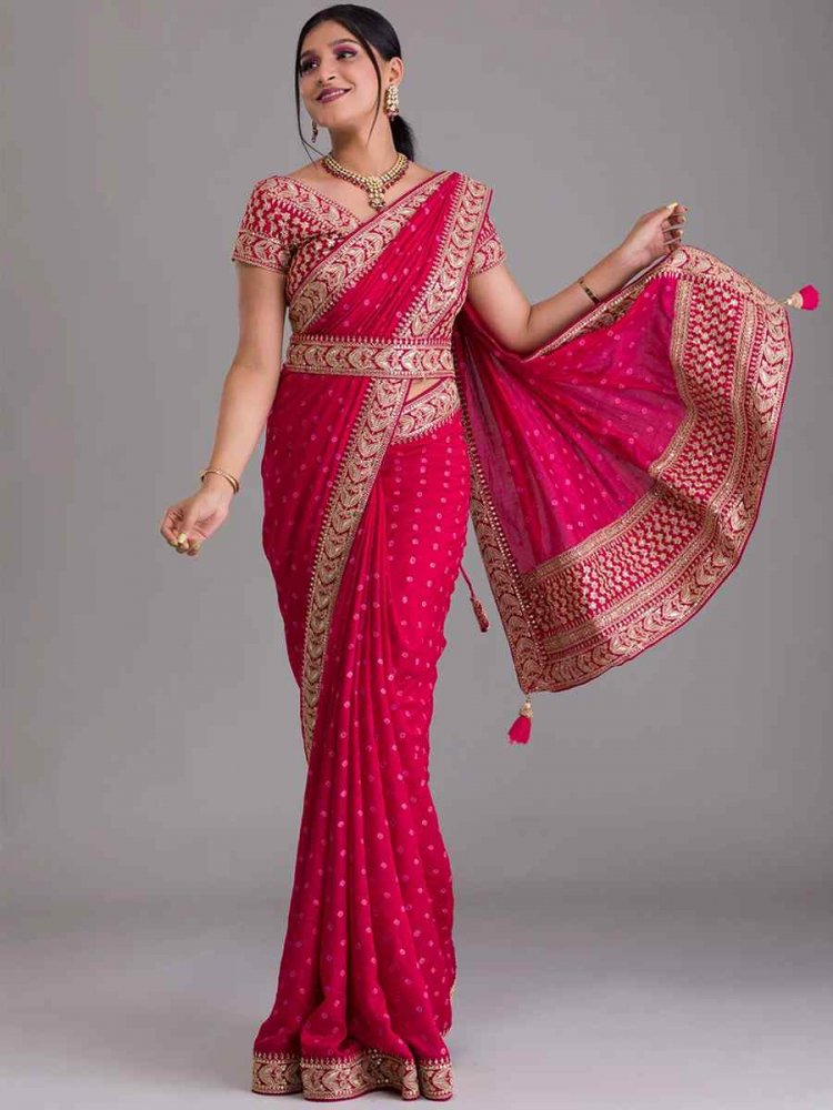 Pink Art Silk Embroidered Wedding Party Heavy Border Saree