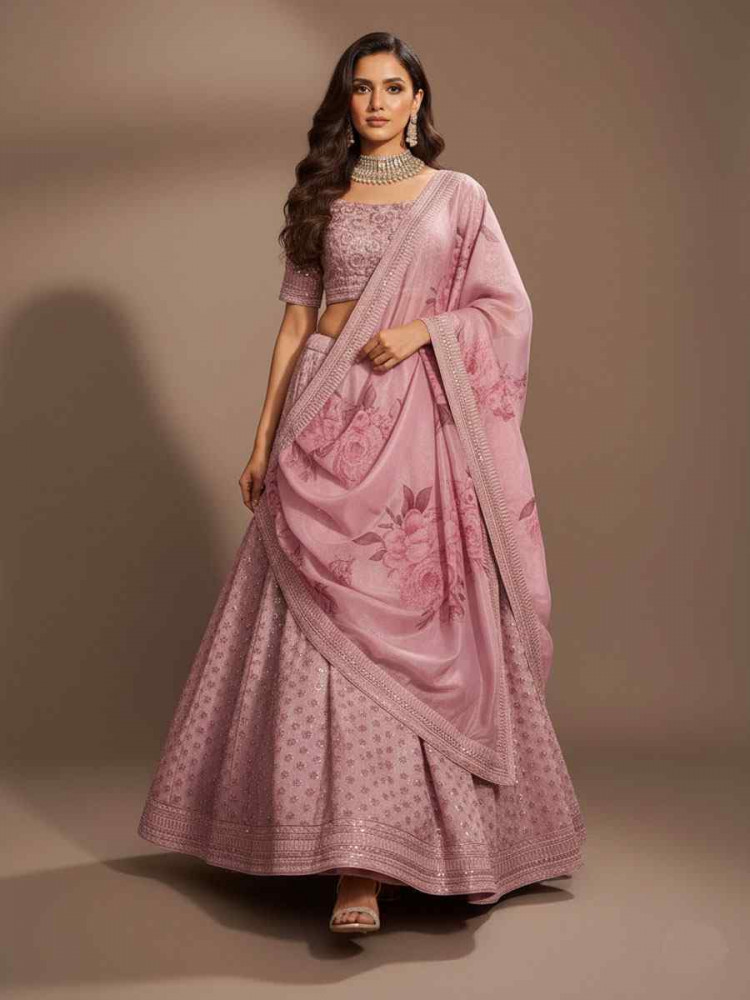 Image of Pink Art Silk Embroidered Wedding Reception Festival Heavy Border Lehenga Choli