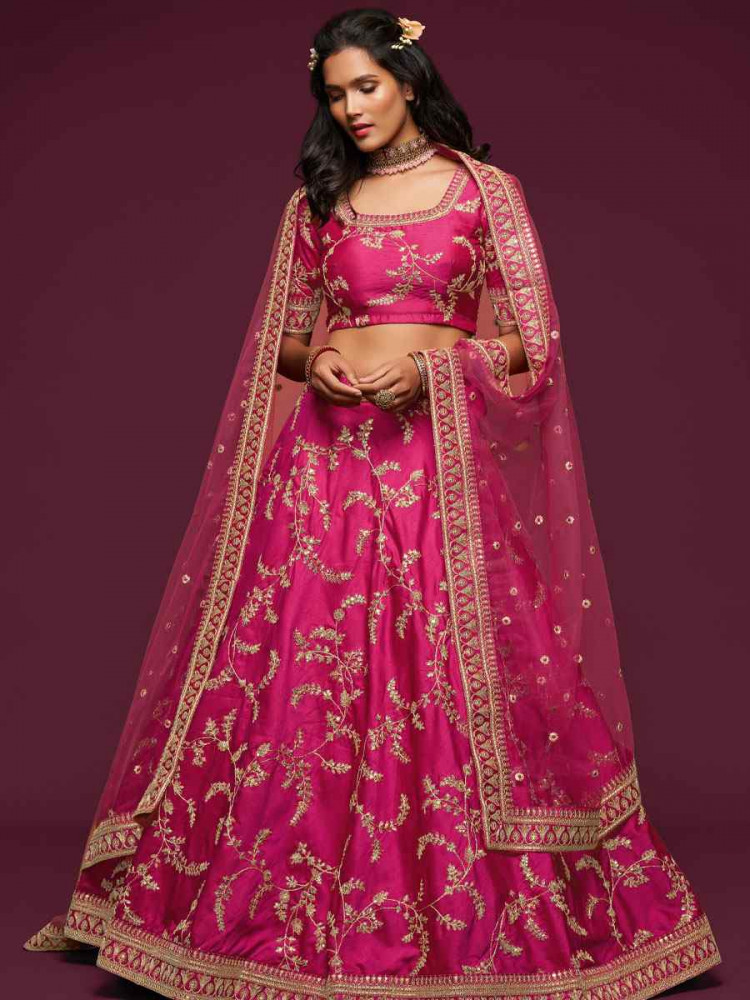 Image of Pink Art Silk Embroidered Wedding Reception Festival Heavy Border Lehenga Choli