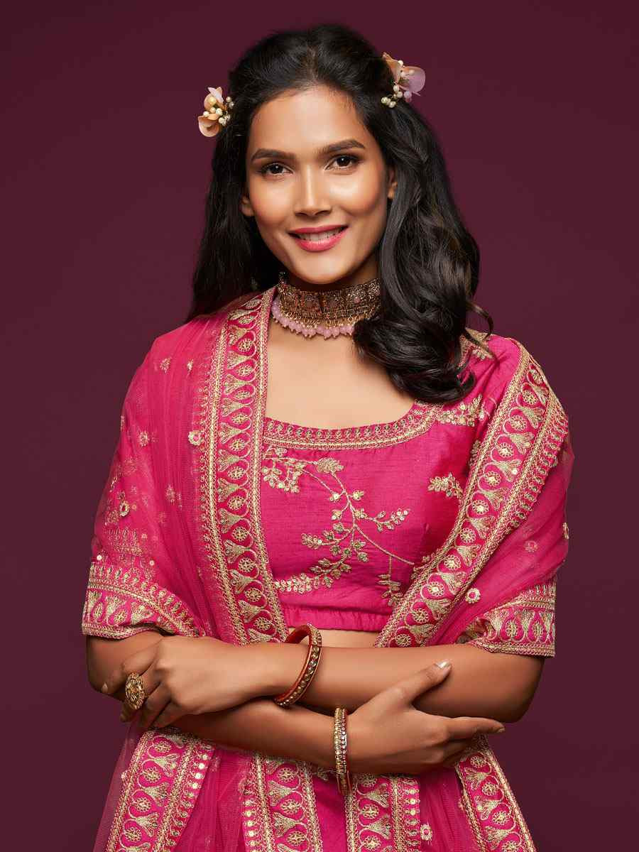 Pink Art Silk Embroidered Wedding Reception Festival Heavy Border Lehenga Choli