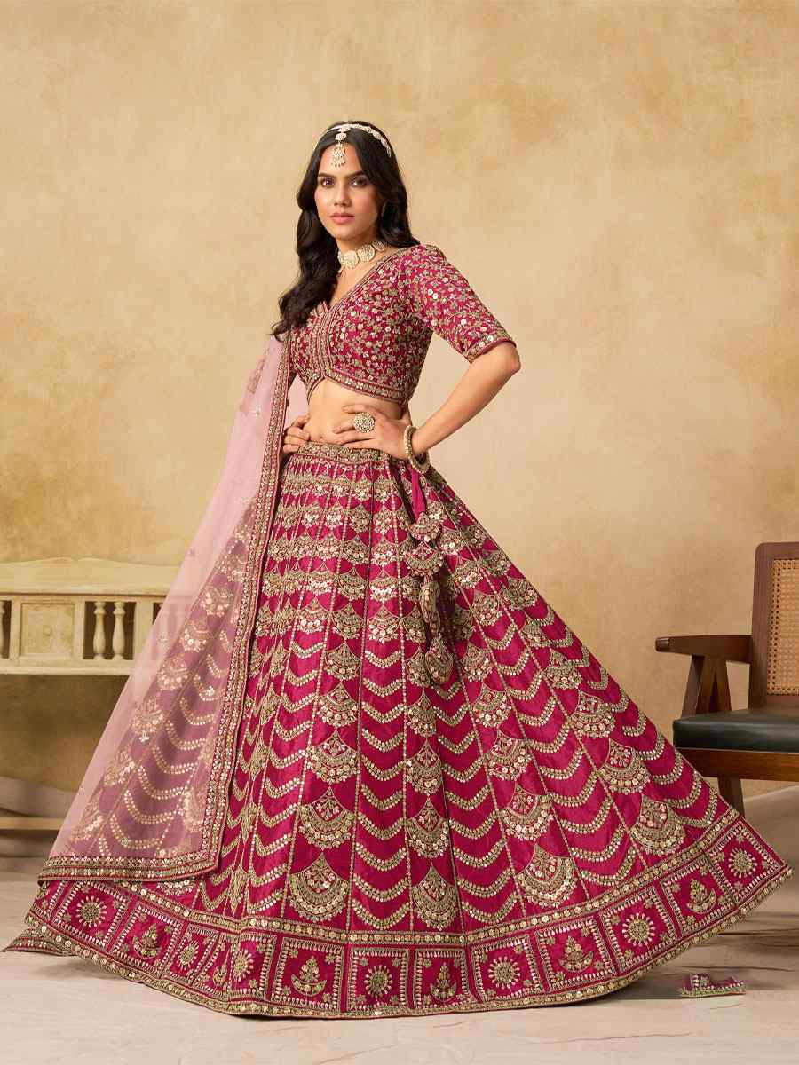 Pink Art Silk Embroidered Wedding Reception Festival Heavy Border Lehenga Choli