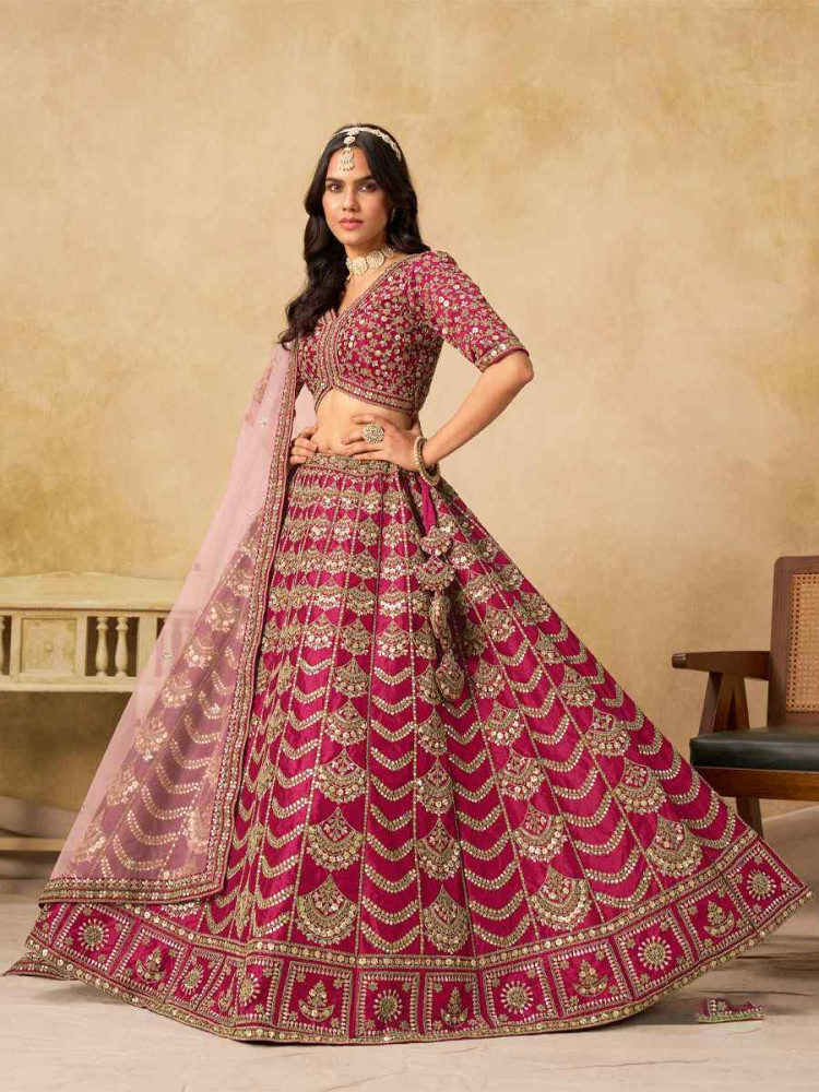 Image of Pink Art Silk Embroidered Wedding Reception Festival Heavy Border Lehenga Choli