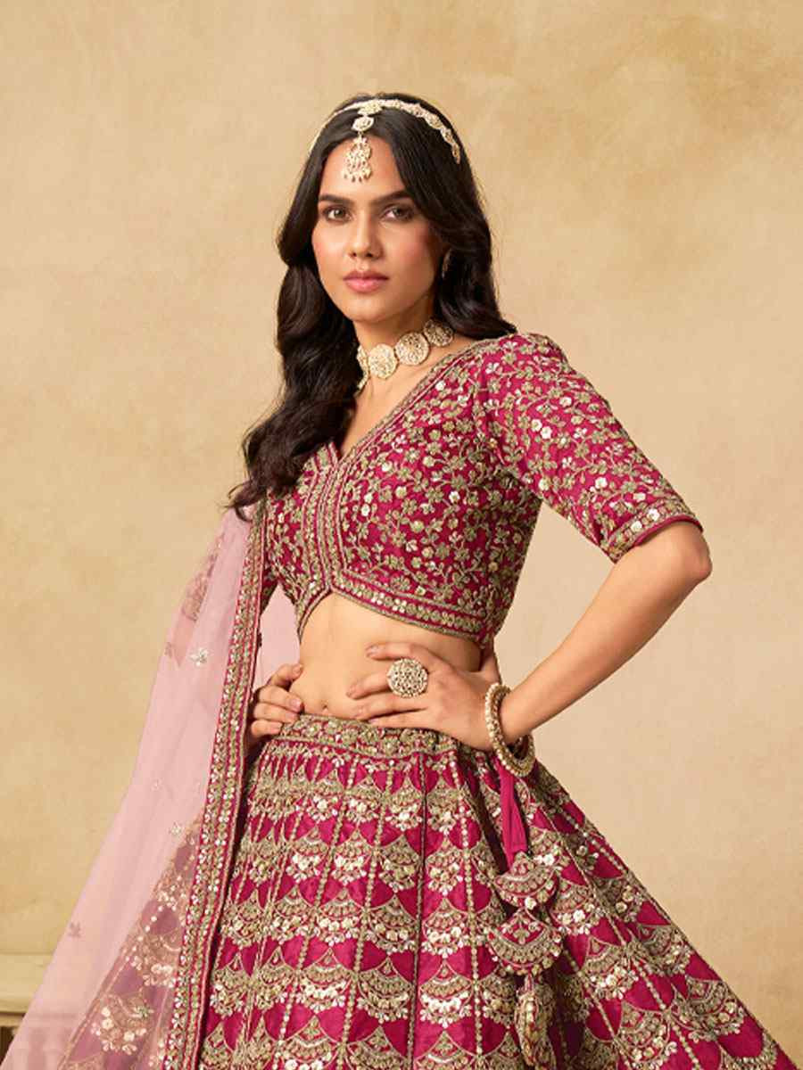 Pink Art Silk Embroidered Wedding Reception Festival Heavy Border Lehenga Choli