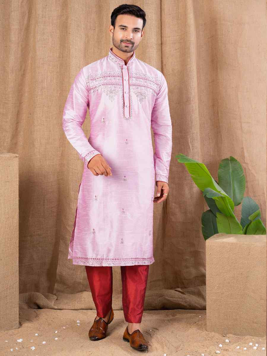 Pink Art Silk Embroidery Festival Wedding Party Mens Kurta