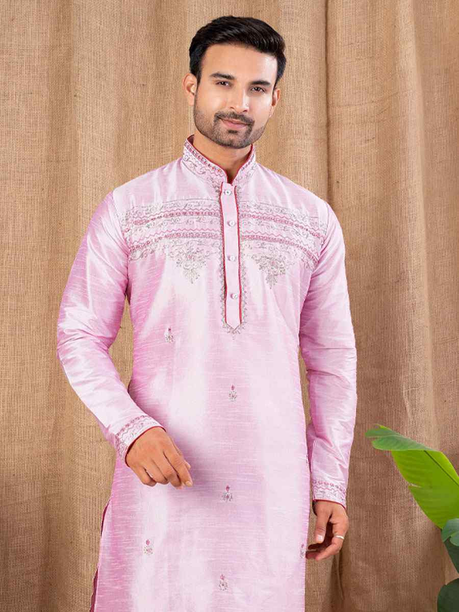 Pink Art Silk Embroidery Festival Wedding Party Mens Kurta