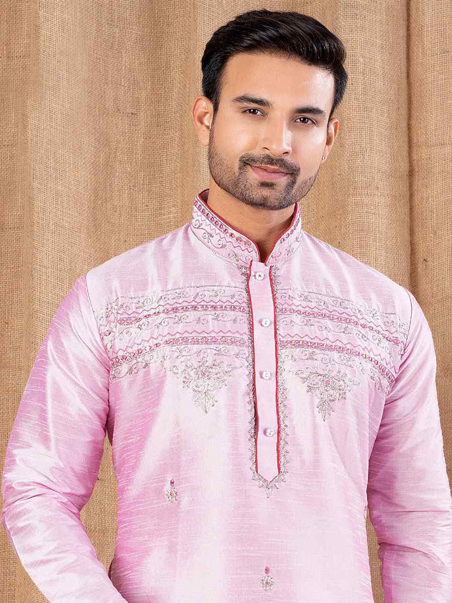 Pink Art Silk Embroidery Festival Wedding Party Mens Kurta