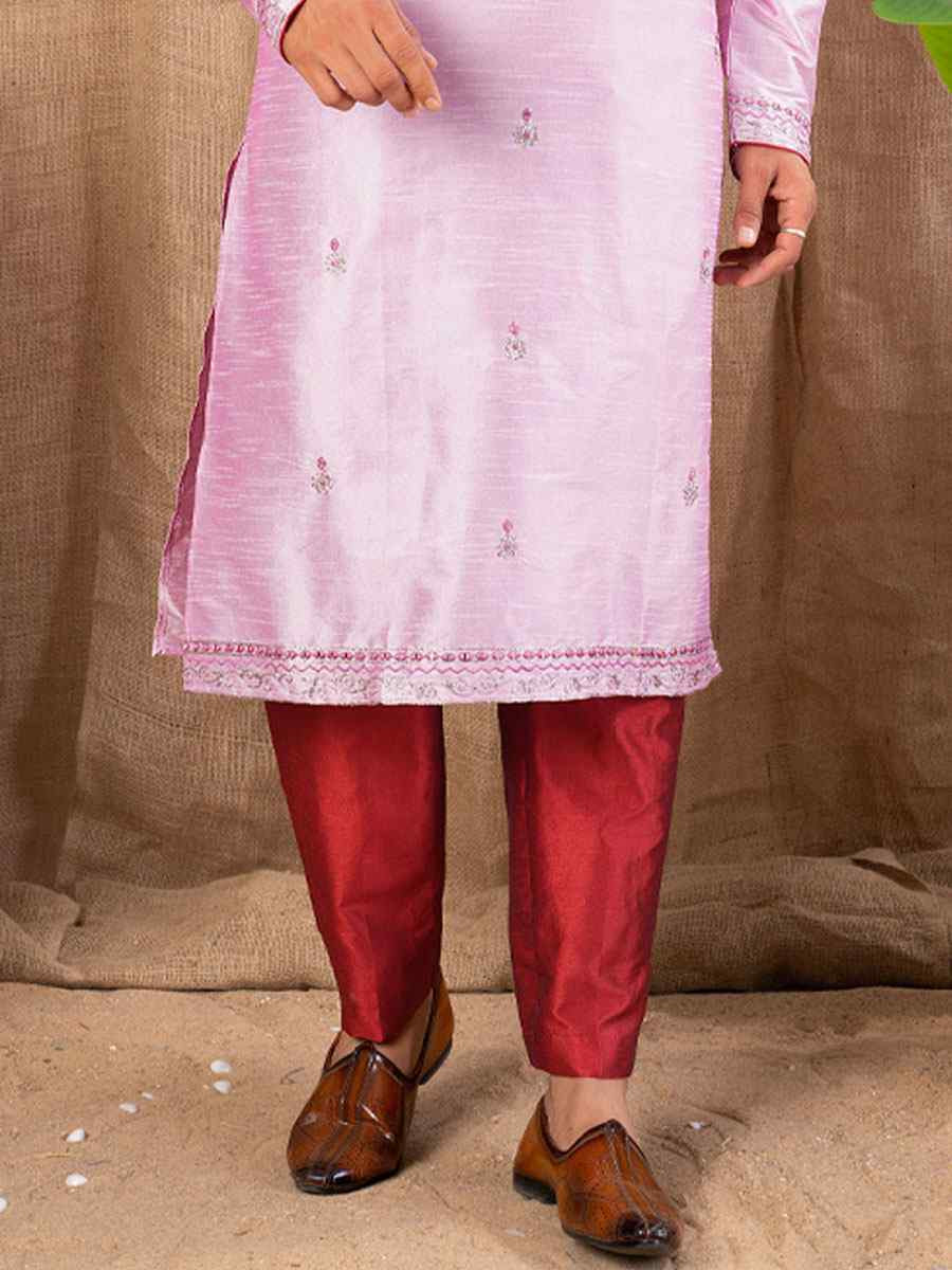 Pink Art Silk Embroidery Festival Wedding Party Mens Kurta