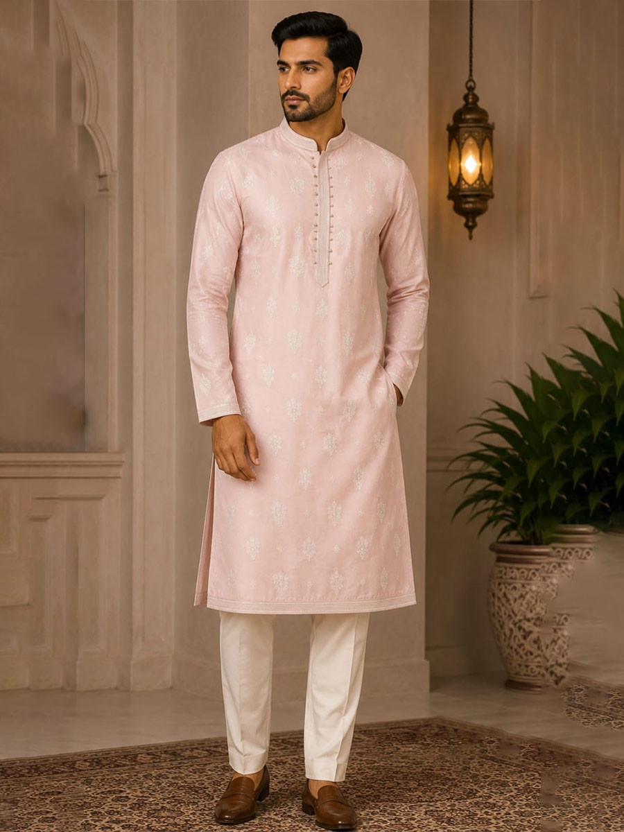 Pink Art Silk Embroidery Wedding Party Festival Casual Mens Wear Kurta