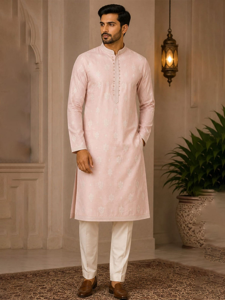 Image of Pink Art Silk Embroidery Wedding Party Festival Casual Mens Wear Kurta