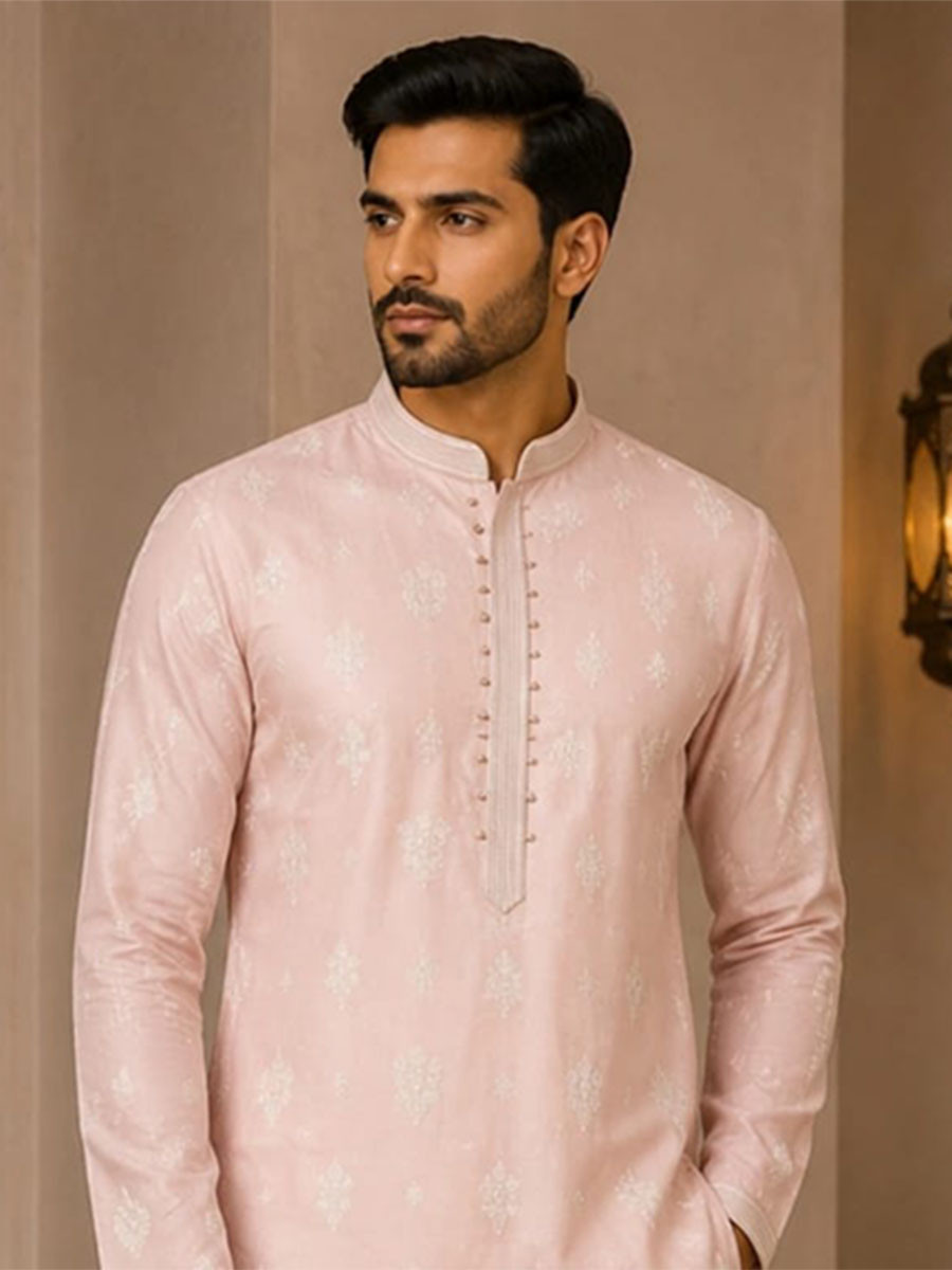Pink Art Silk Embroidery Wedding Party Festival Casual Mens Wear Kurta