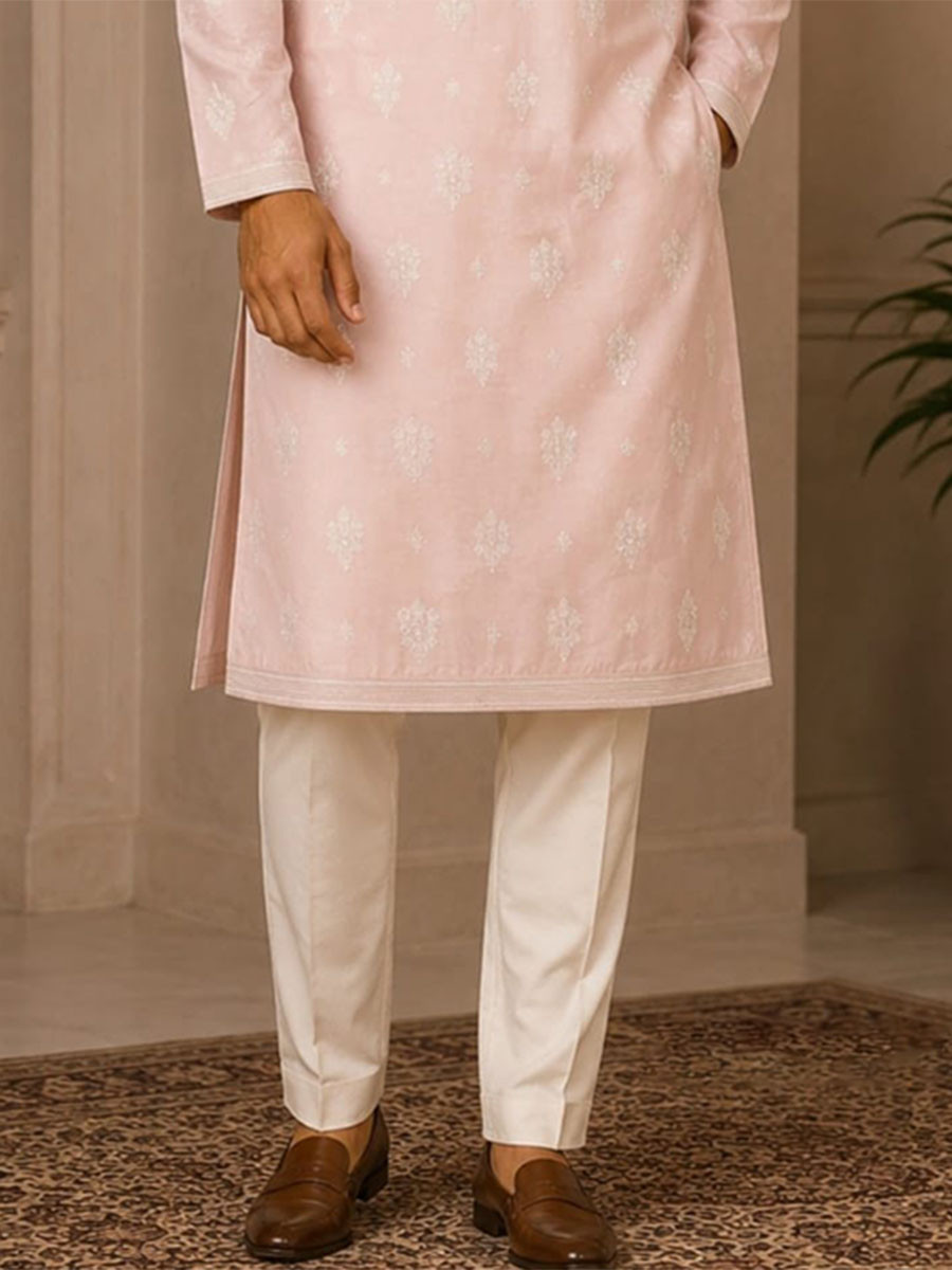 Pink Art Silk Embroidery Wedding Party Festival Casual Mens Wear Kurta