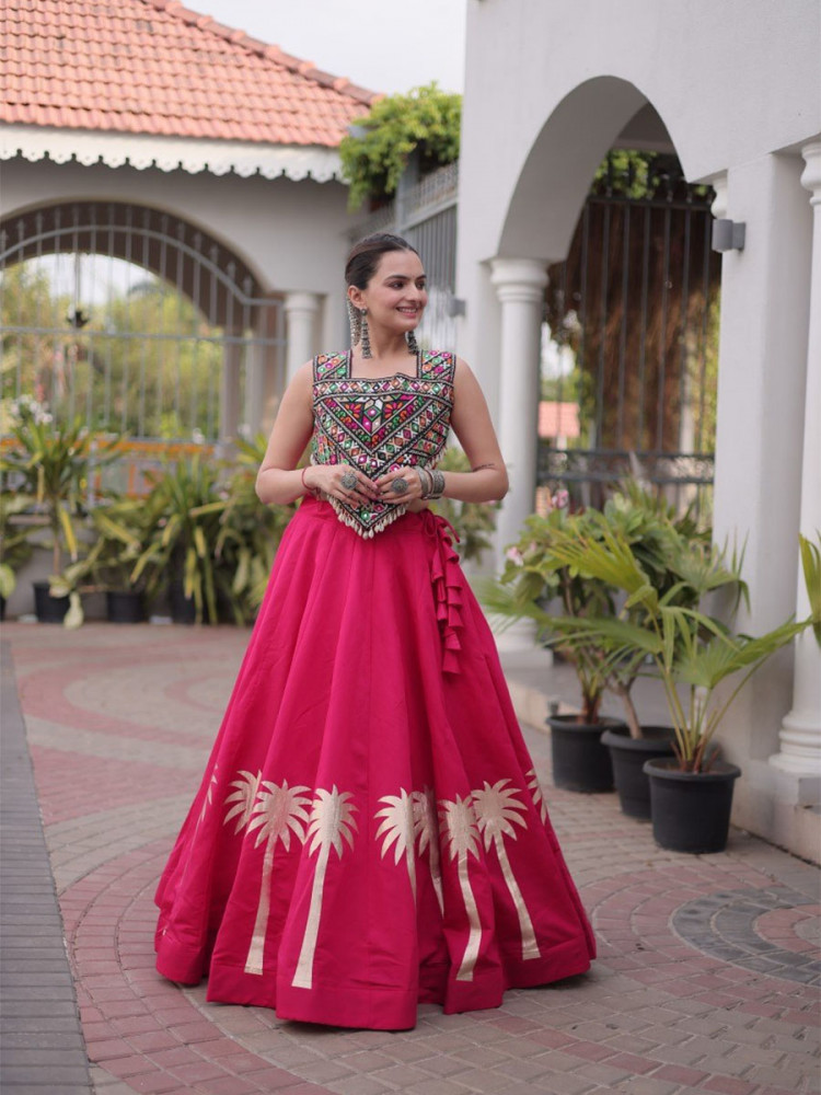 Image of Pink Art Silk Embroidery Wedding Reception Festival Party Wear Circular Lehenga Choli