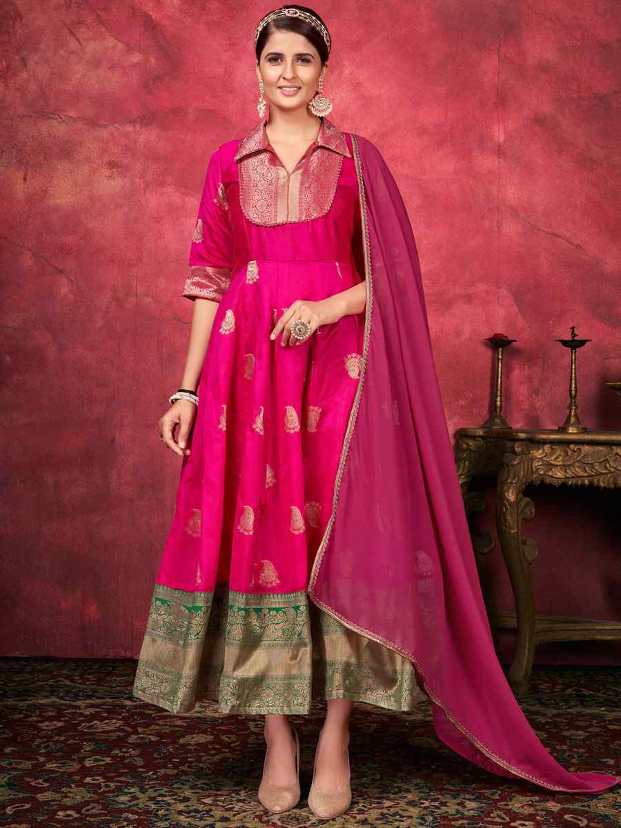 Pink Art Silk Handwoven Festival Anarkali Salwar Kameez