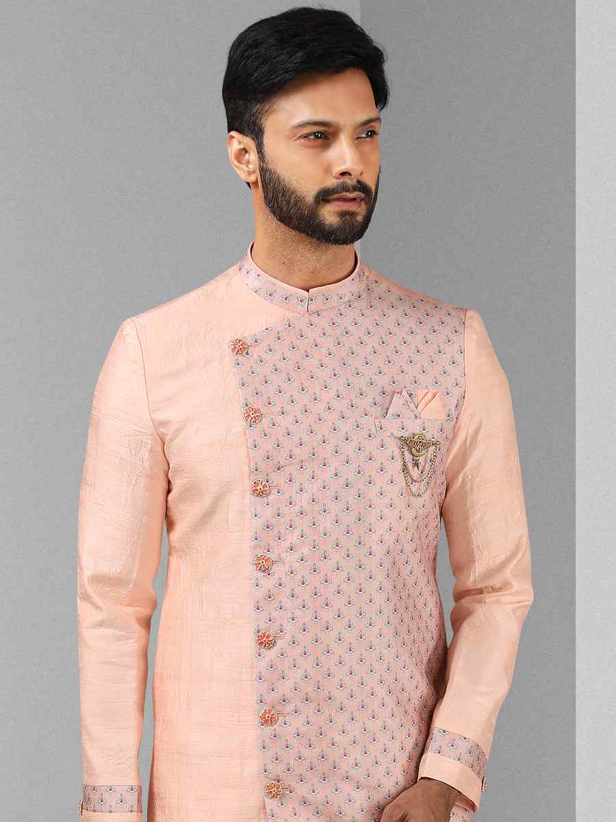 Pink Art Silk Plain Printed Party Wedding Sherwani
