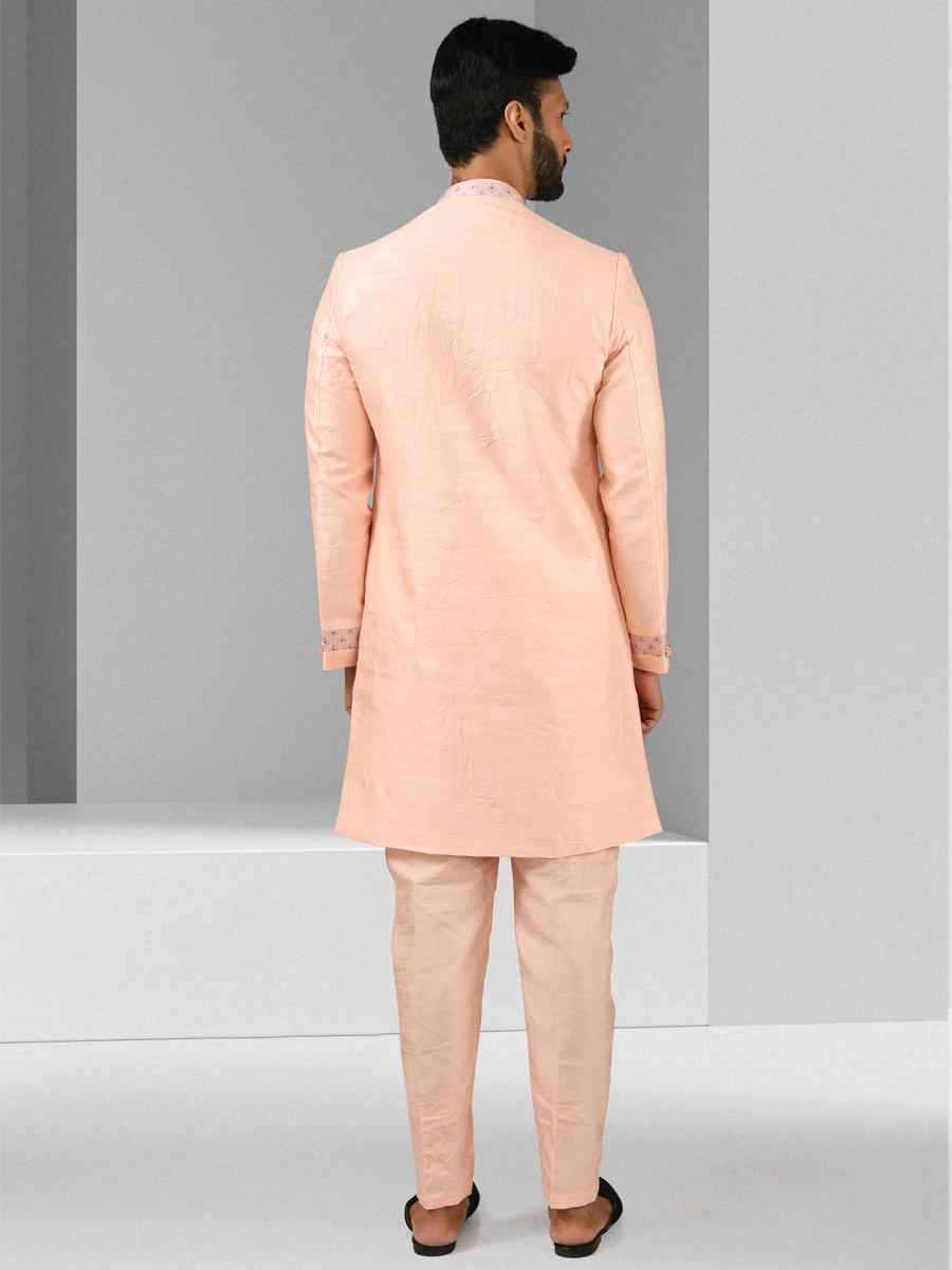 Pink Art Silk Plain Printed Party Wedding Sherwani