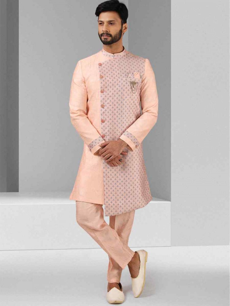 Pink Art Silk Plain Printed Party Wedding Sherwani