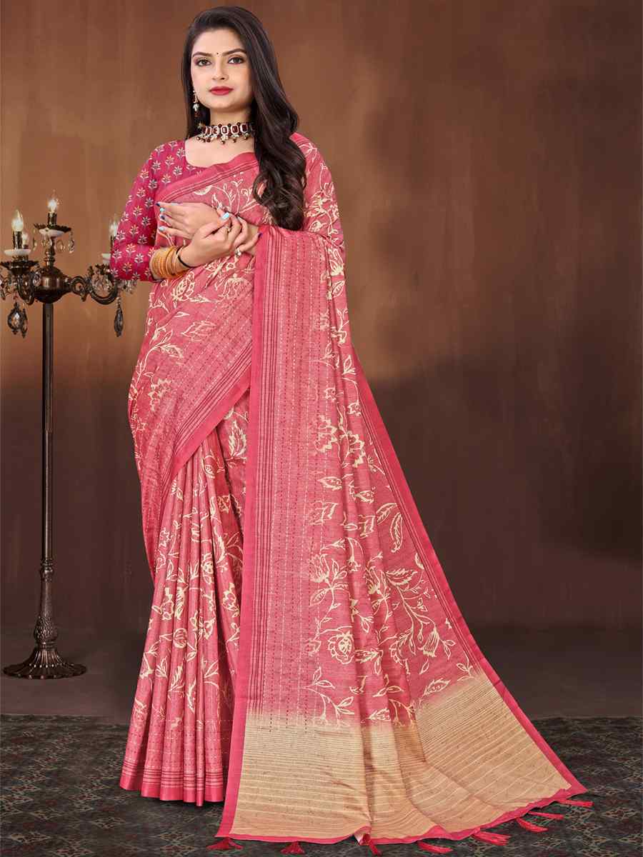Pink Art Silk Printed Casual Festival Classic Style Saree