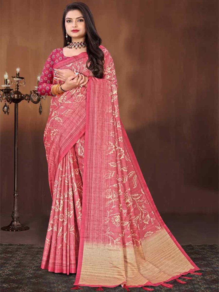 Pink Art Silk Printed Casual Festival Classic Style Saree