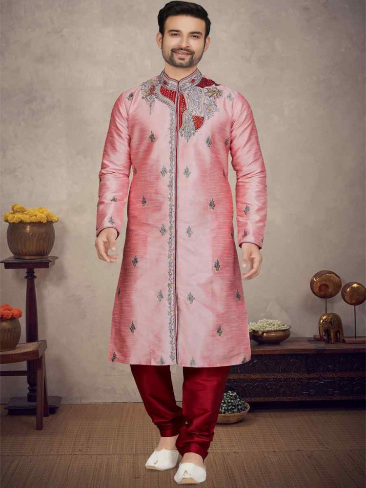 Pink Art Silk Woven Festival Mehendi Kurta