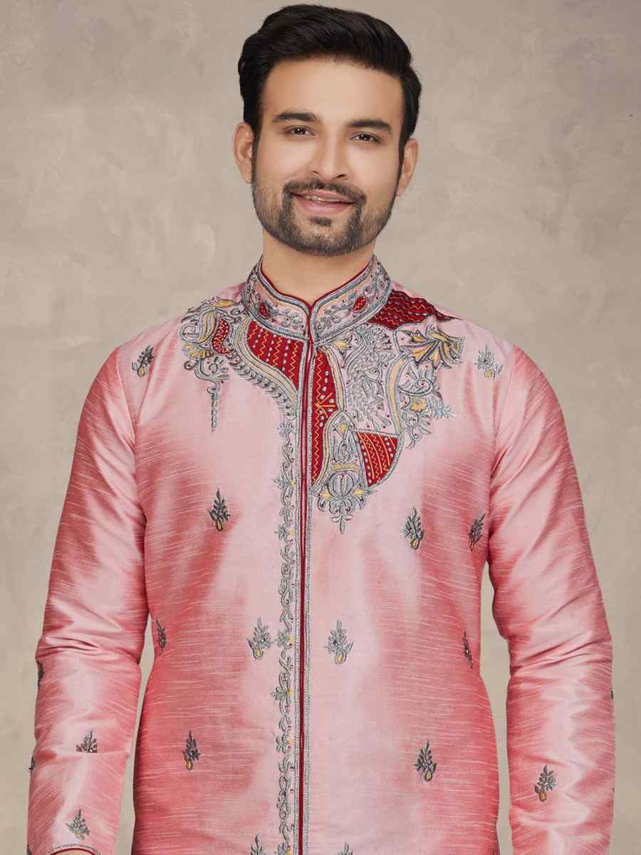 Pink Art Silk Woven Festival Mehendi Kurta