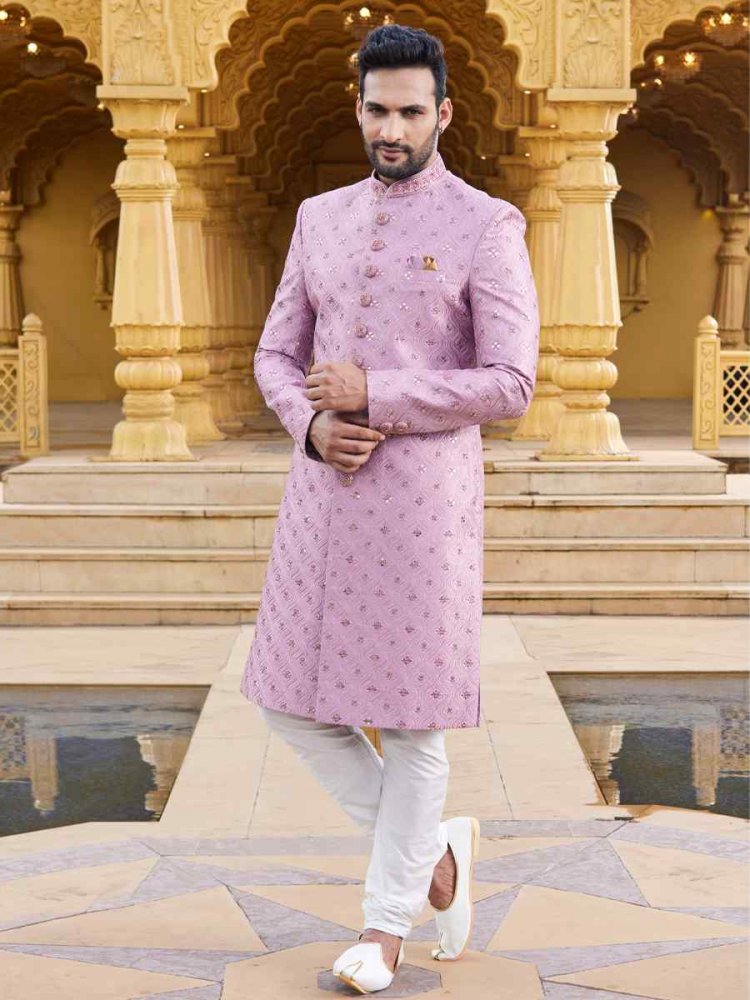 Pink Art Silk Woven Wedding Groom Sherwani