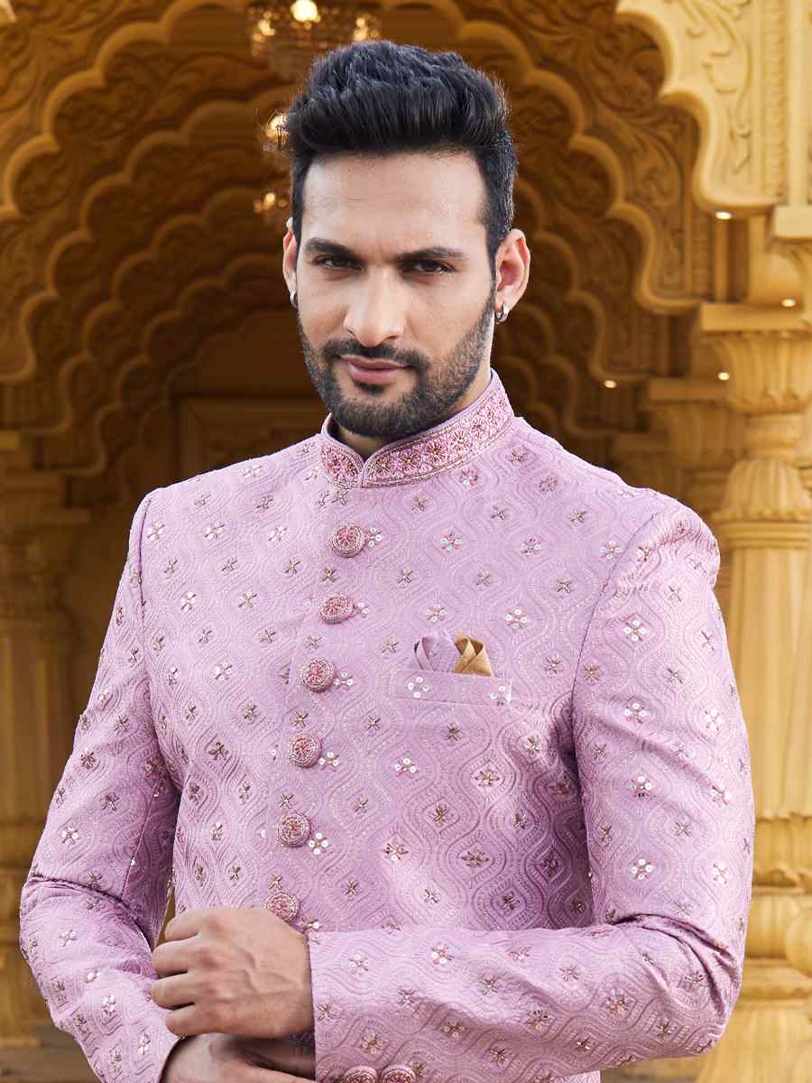 Pink Art Silk Woven Wedding Groom Sherwani