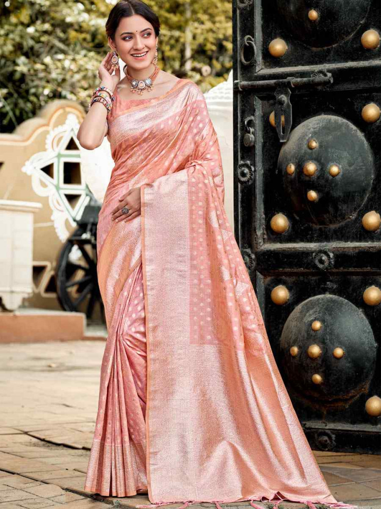 Image of Pink Assam Silk Handwoven Festival Wedding Fancy Heavy Border Saree