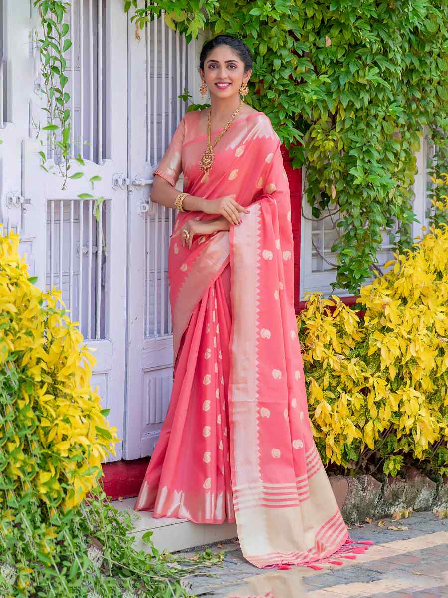 Pink Assam Silk Handwoven Wedding Festival Heavy Border Saree